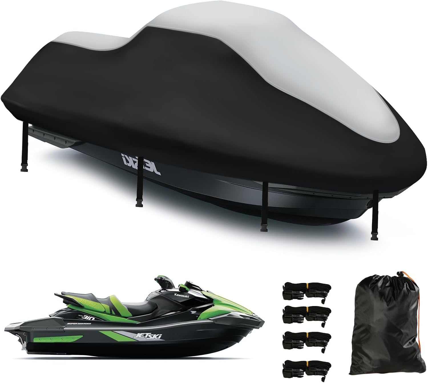 Jet Ski Cover 3 Seater,Upgraded 420D Heavy Duty Waterproof Waverunner Cover,2 Air Vent Marine Grade UV Resistant for Waverunner Polaris from 116" to 125"(Silver Black)