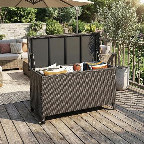 wicker deck box, 185 gallon all-weather outdoor storage, side view
