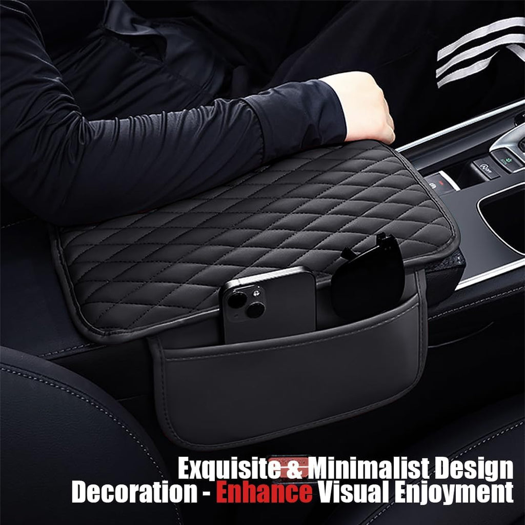 ESKONKE [Upgraded] Car Center Console Cover with 2 Storage Bags - Premium Nappa Leather Armrest Cover, Scratch & Wear Resistant, Waterproof Car Interior Accessories (Black)
