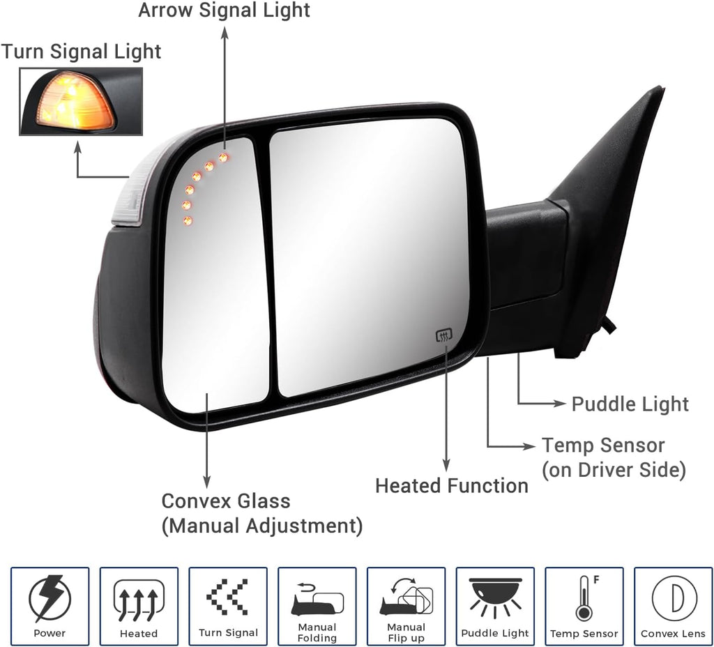 Towing Mirror for Dodge Ram - Replacement fit for 2009-2018 Dodge Ram 1500 2500 3500 Pickup Truck with Power Adjusted Glass Heated LED Turn Signal Light Puddle Lamp Temp Sensor Flip Up Pair Set