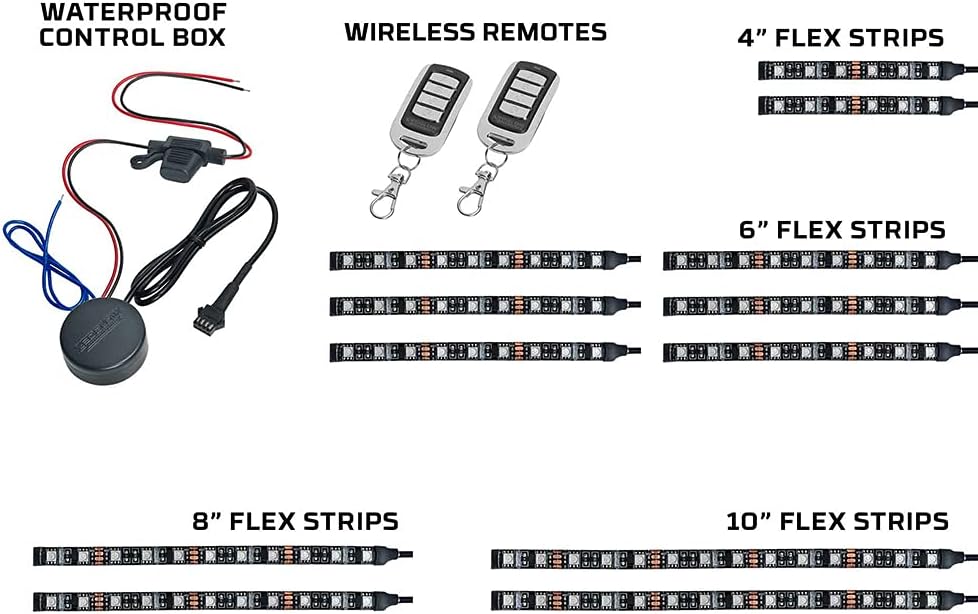 LEDGlow 12pc Advanced Million Color LED Motorcycle Accent Underlow Light Kit - 15 Solid Colors - 6 Patterns - Multi-Color Flexible Strips - Includes Waterproof Control Box & 2 Wireless Remotes