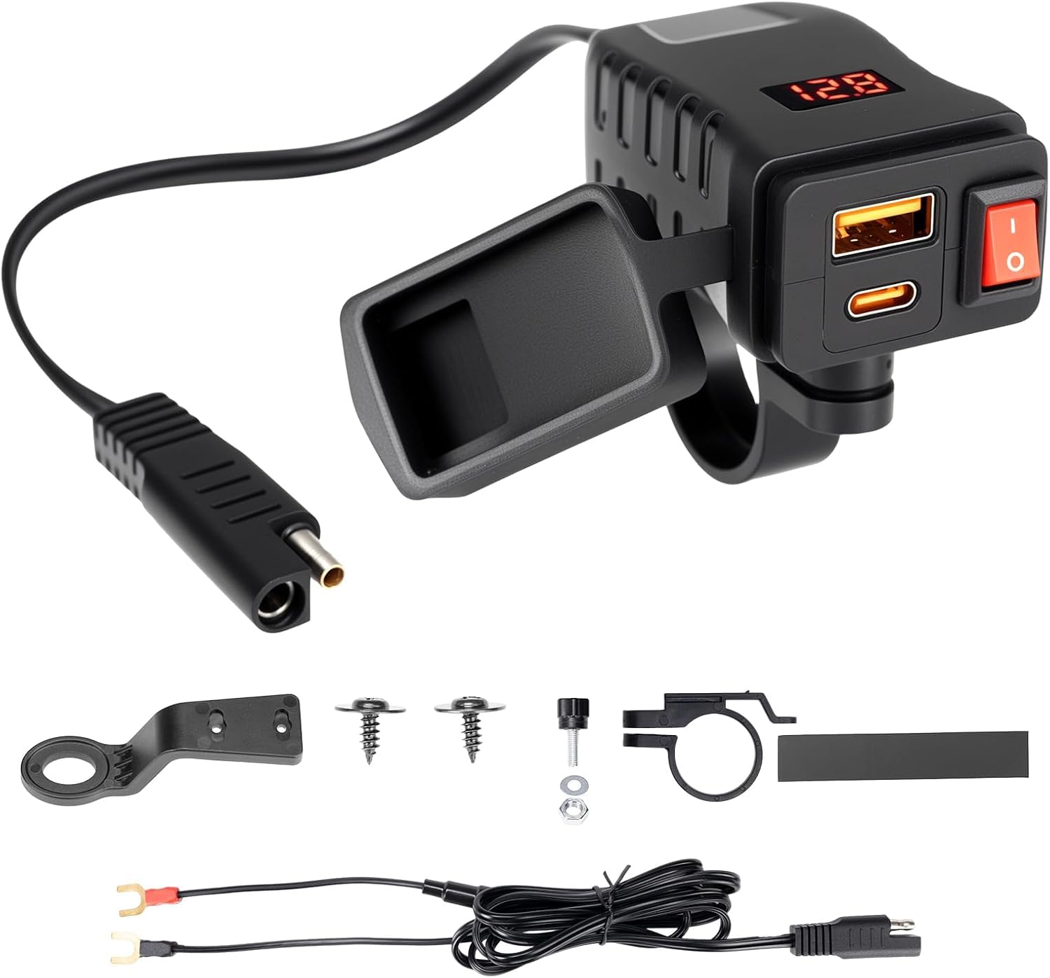 KEMIMOTO Motorcycle USB Charger with USB-C and USB-A Ports, 61-Inch Extra-Long IP66 Waterproof Cable, 30W 3.0 Fast Charging for Phone GPS, On/Off Switch, SAE 5A Fuse, Fits 7/8" Handlebars on ATV, UTV