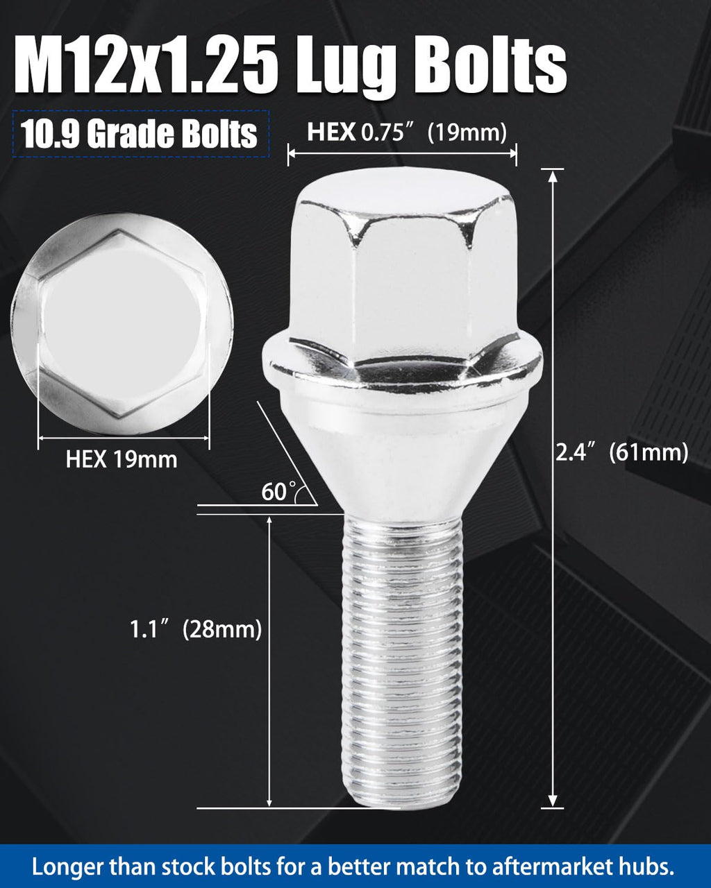 GAsupply 12X1.25 OEM Lug Bolts, Fit for 2015-2022 Jeep Renegade, 2018-2022 Compass, 2014-2022 Cherokee, 20pcs 28mm Shank One-Piece Factory Style Chrome Wheel Lug Bolt, 19mm Hex Stock Stud, Cone Seat