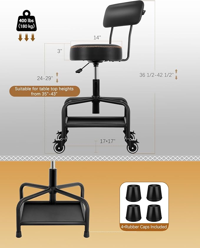 Shop Stool with Lockable Rubber Wheels Adjustable Backrest Tool Tray Storage - Image 2