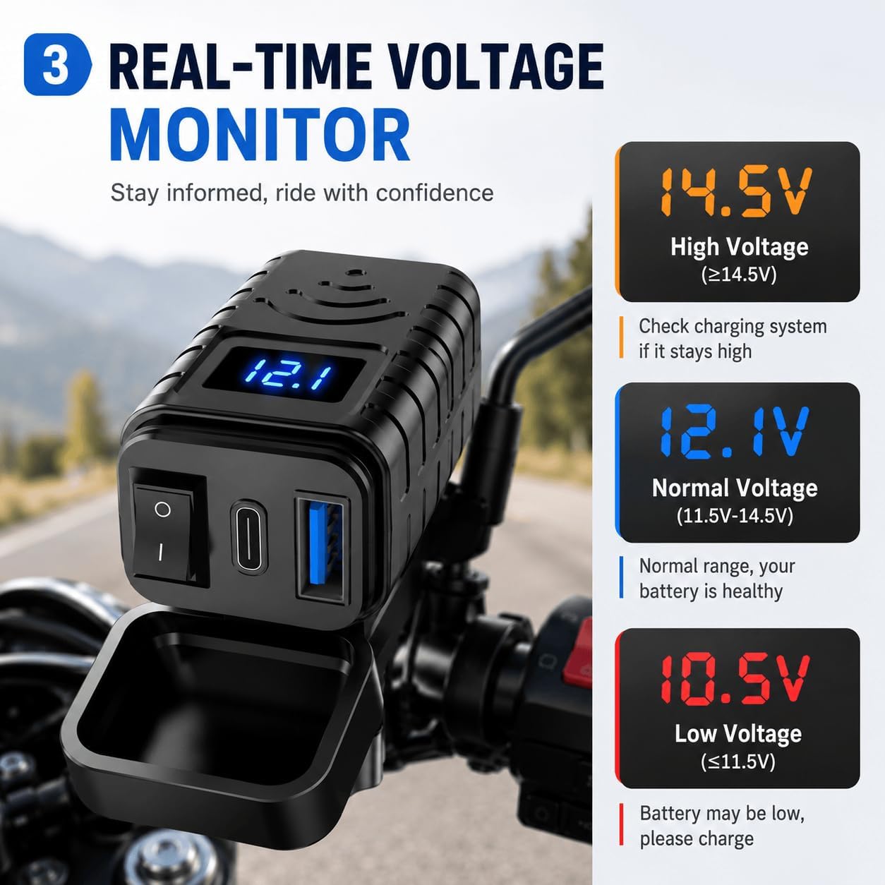 USB Charger for Motorcycle Yamaha Grizzly 2014-2015 Waterproof QC3.0 USB-C PD SAE Power Socket with Voltmeter for ATV UTV RV Boat