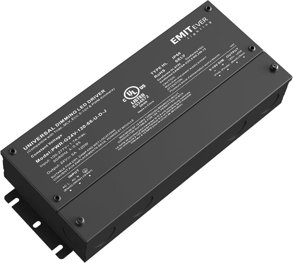 EMITEVER 120W Dimmable LED Driver, 24V Triac Dimmable Power Supply, AC to DC