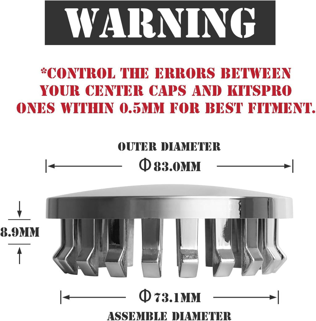 KitsPro 3.25Inch 83MM Wheel Center Caps, Pack of 4 (Chrome, Outer 83MM, Inner 73MM)