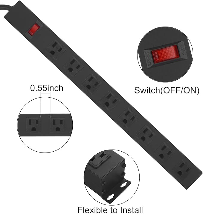 2Pack Metal 8 Outlet Mountable Power Strip, Wall Mount Outlet Heavy Duty - Image 2