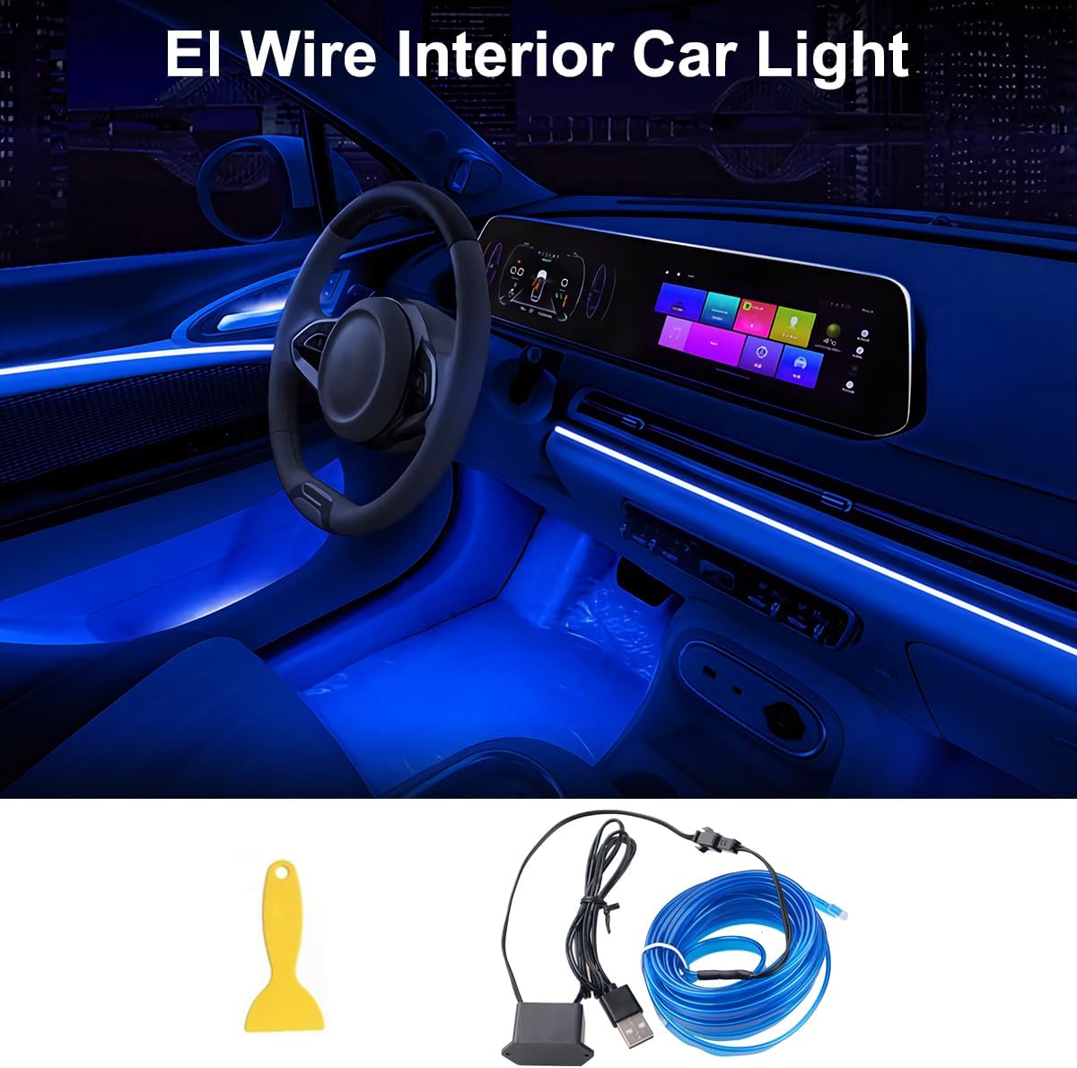 EL Wire Interior Car LED Strip Lights, 16.5FT USB Neon Glowing Strobing El Wire Strip with 6mm Sewing Edge, Ambient Lighting Kits for Car Inside Decorations (Blue)