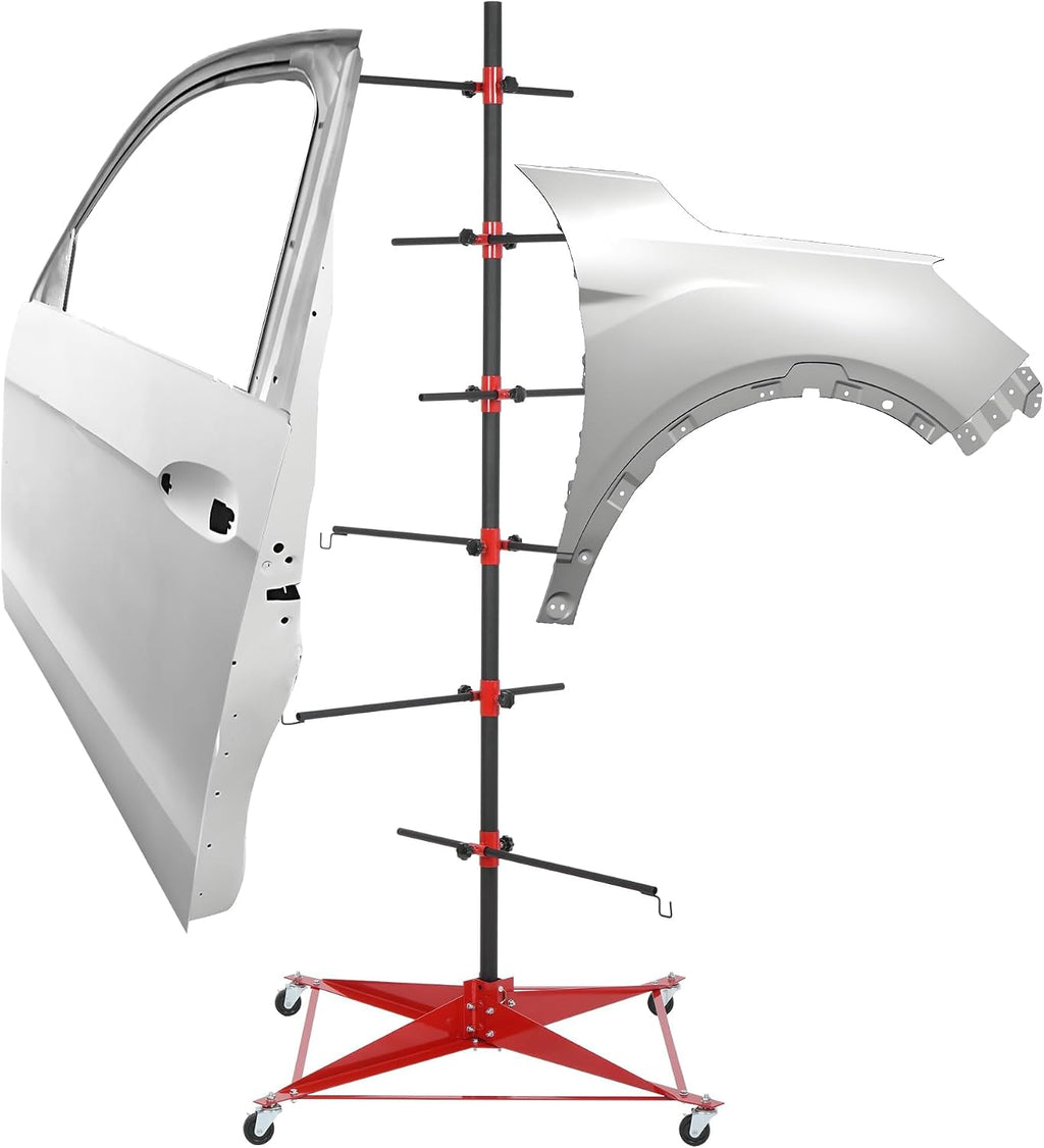 71 Inch Panel Tree Paint Stand with 6 Hook Levers, Automotive Paint Stand with Adjustable Center Post and 4 Casters, Hang Automotive Panels, Doors, Fenders, Bumpers, Car Parts, Auto Body Paint Stand