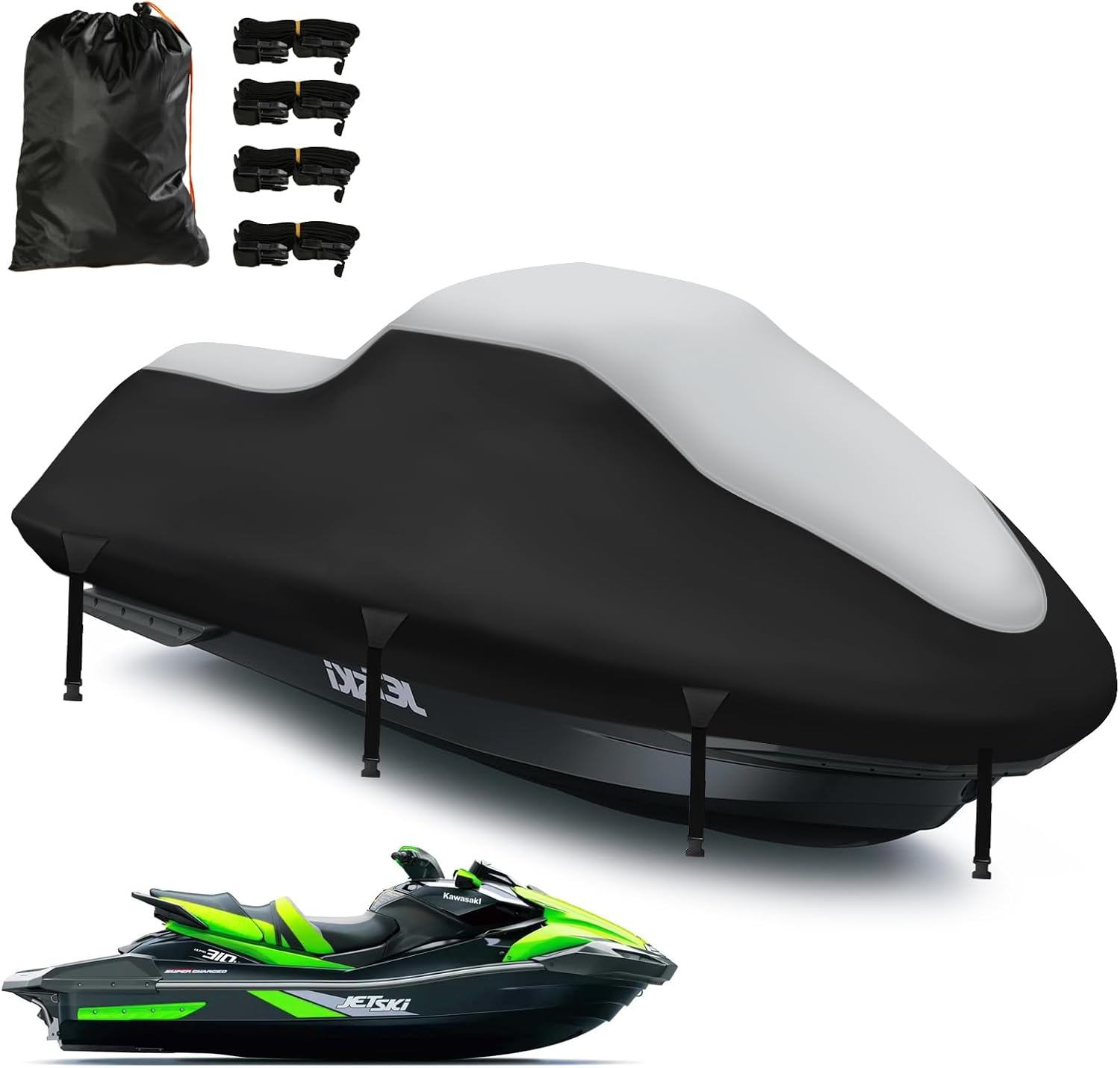 Jet Ski Cover 3 Seater,Upgraded 900D Heavy Duty Waterproof Waverunner Cover,2 Air Vent Marine Grade UV Resistant for Seadoo,Kawasaki,Waverunner Polaris from 136" to 145"(Black&Silver)