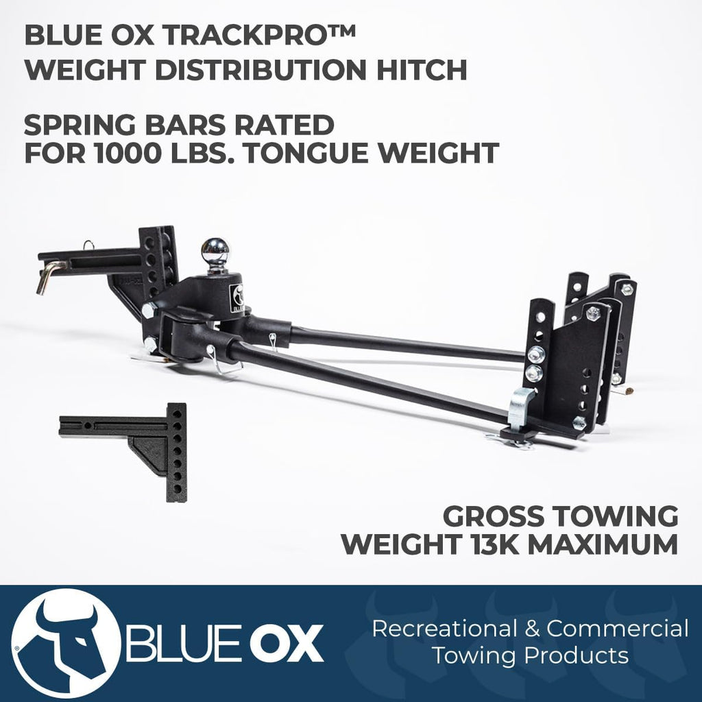 Blue Ox BXW01050 TrackPro Weight Distribution Hitch 2″ Receiver | 7 Hole Shank | 10,000 Maximum Towing Weight | Levels Out Ride to Restore Control and Stability | Pre-Installed 2-5/16" Hitch Ball