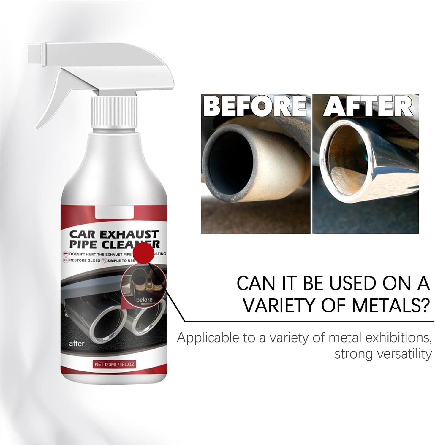 Car Exhaust Pipe Cleaner Spray, Rust Remover and Gloss Restorer, 4 fl oz