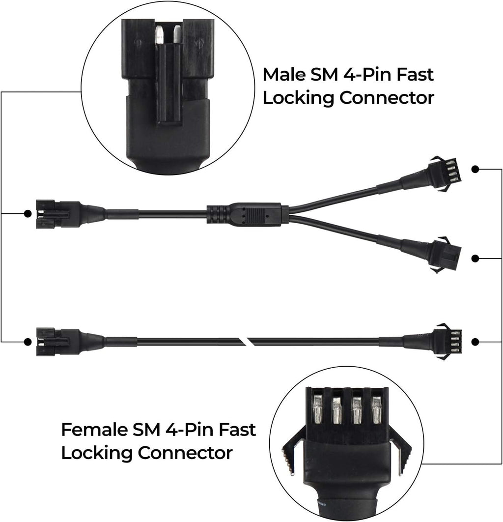 4pcs 2-Feet Extension Cords and 3pcs 2-Way Splitters for Underglow RGB LED Strip Light Kits on Motorcycles Trikes Golf Carts ATVs EXT-2FT