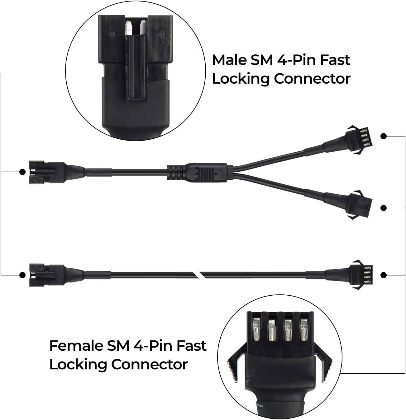 4pcs 2-Feet Extension Cords and 3pcs 2-Way Splitters for Underglow RGB LED Strip Light Kits on Motorcycles Trikes Golf Carts ATVs EXT-2FT