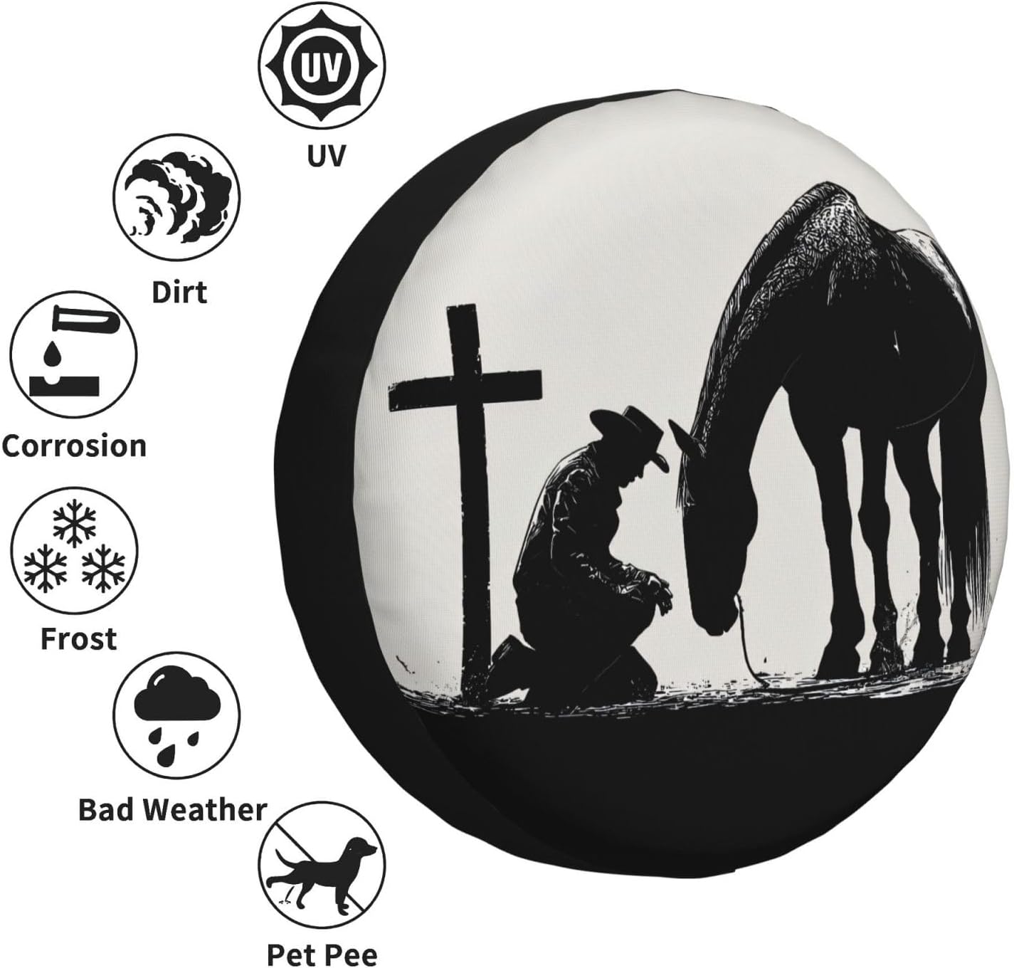 Cowboy Horse Cross Praying Spare Tire Cover for RV Camper SUV Truck, Waterproof Polyester Tire Wheel Cover, Universal Fit Outdoor Spare Wheel Protector with 15in