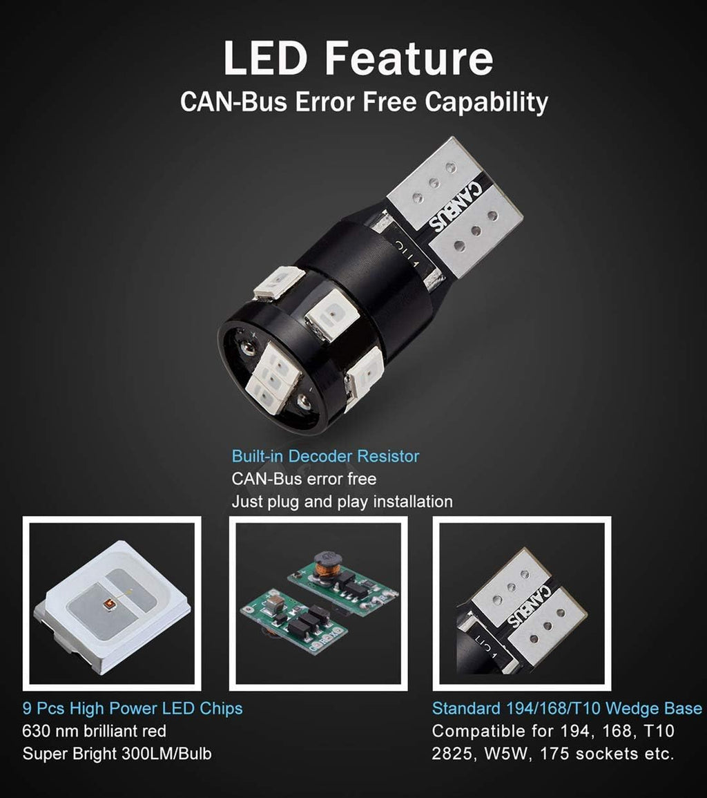 300LM Extremely Bright Canbus Error Free 194 168 2825 W5W T10 LED Bulbs Brilliant Red 9-SMD 2835 Chipsets for Map Dome Rear Side Marker Lights, Tail Center High Mount Stop Lights (Pack of 4)