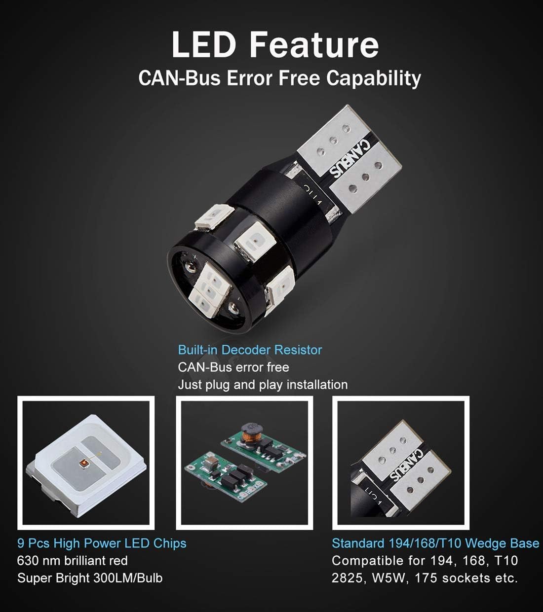 300LM Extremely Bright Canbus Error Free 194 168 2825 W5W T10 LED Bulbs Brilliant Red 9-SMD 2835 Chipsets for Map Dome Rear Side Marker Lights, Tail Center High Mount Stop Lights (Pack of 4)