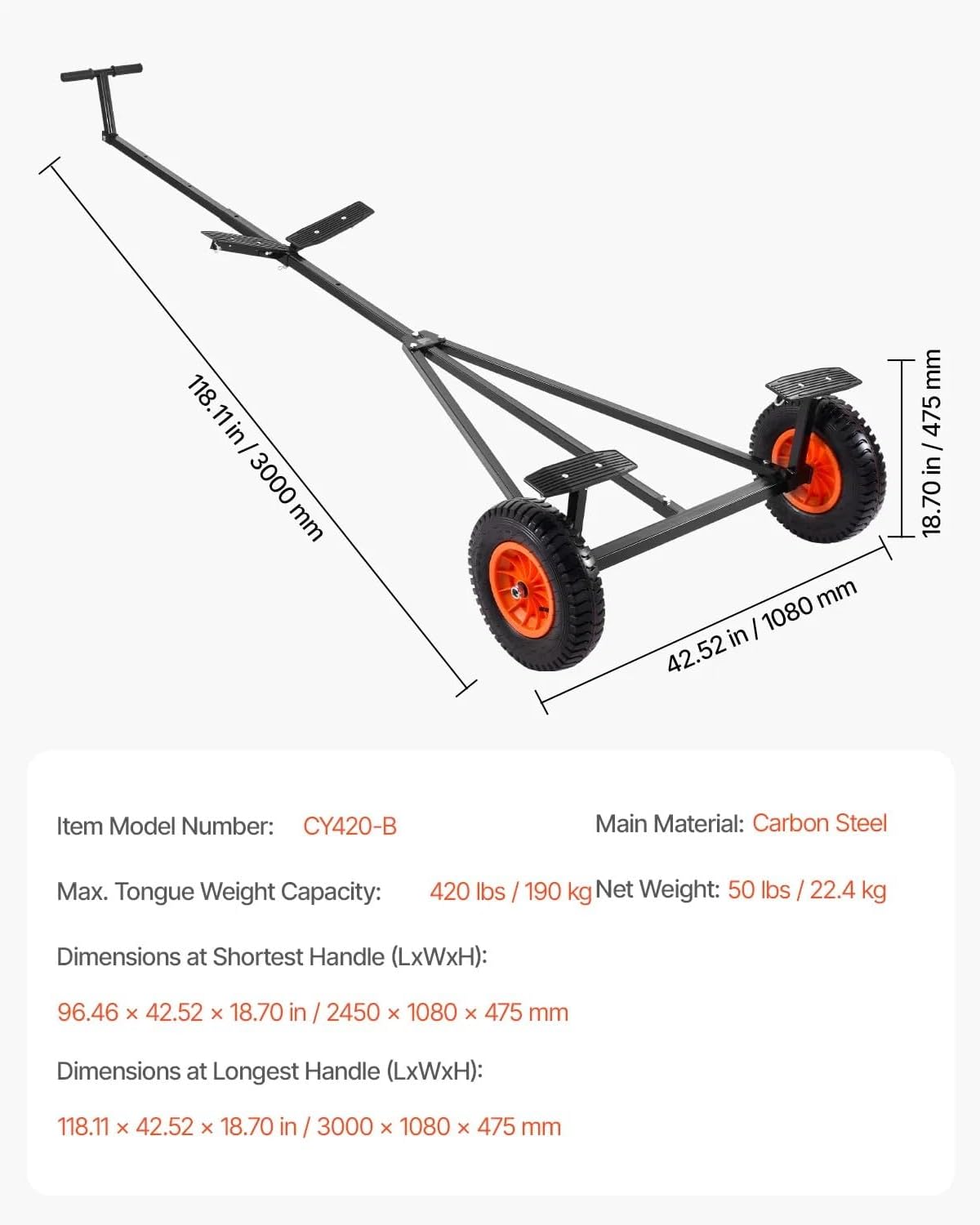 Heavy Duty Boat Trailer Dolly, 420 lbs Load Rating, Adjustable Carbon Steel Mover with 15.7 Inch Pneumatic Tires and Nonslip Bracket for Various Boats
