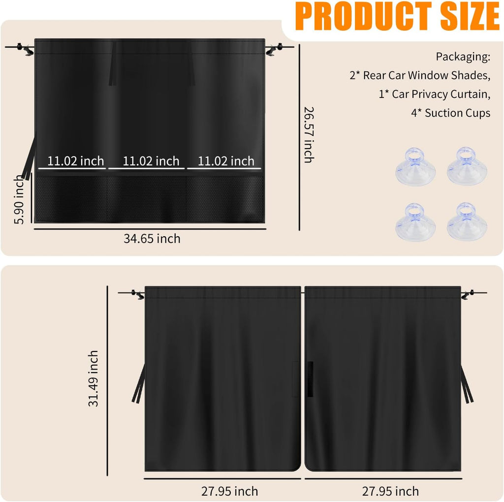 3PCS Upgraded Car Privacy Curtains Kit with Storage Pockets,Car Curtains for Windows with 2PCS Side Shade & 1PC Privacy Curtain,Universal Cars Window Shades for Sun Blocking