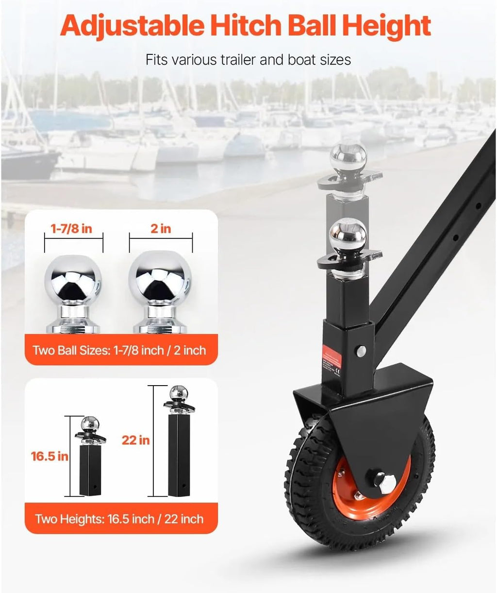 300 Lbs Tongue Weight Adjustable Trailer Dolly, 16.5-22 Inch Height Adjustment with 1-7/8 Inch & 2 Inch Balls, 8.5 Inch Pneumatic Rubber Tire for RV Trailers