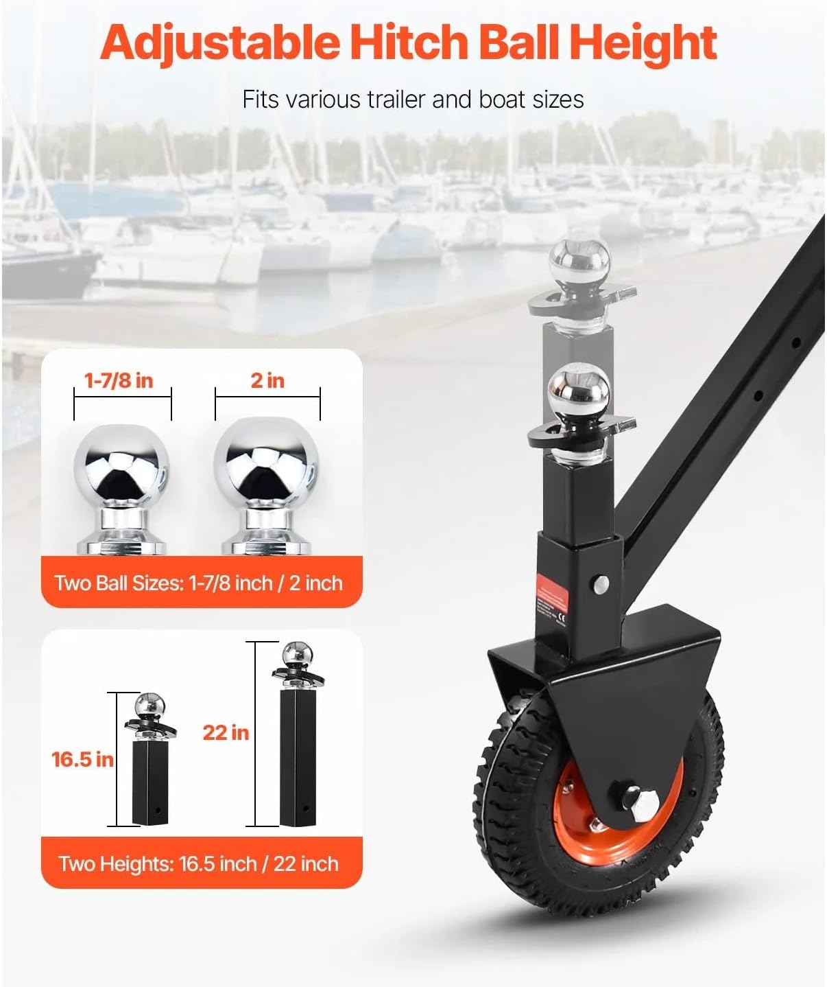 300 Lbs Tongue Weight Adjustable Trailer Dolly, 16.5-22 Inch Height Adjustment with 1-7/8 Inch & 2 Inch Balls, 8.5 Inch Pneumatic Rubber Tire for RV Trailers