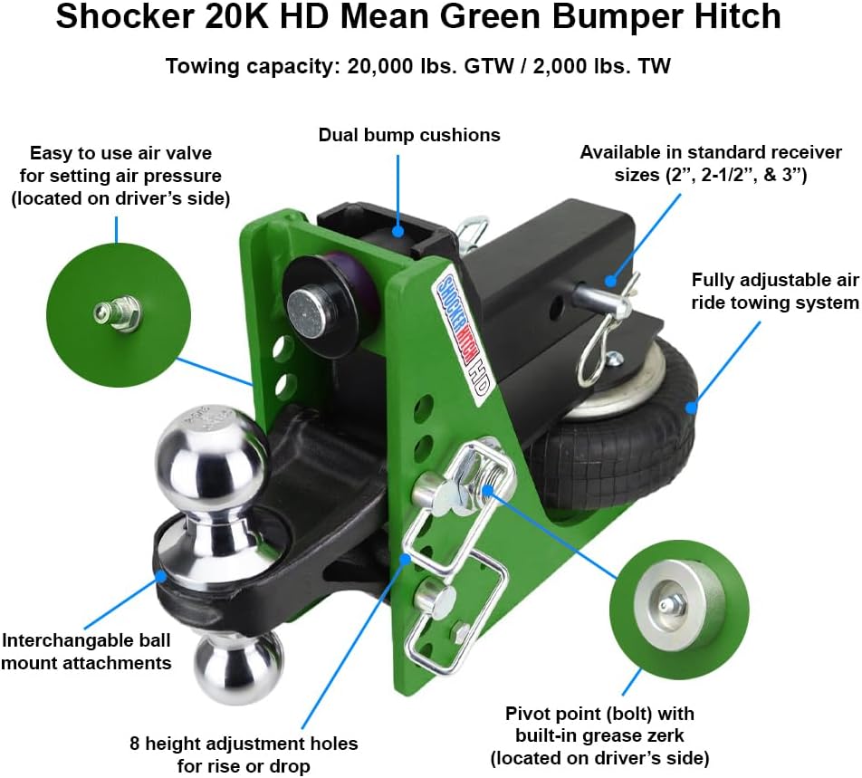 Shocker HD Mean Green Air Hitch Farm Mount Tow Kit Fits 2" Hitch, has Chrome Combo 2" & 2-5/16" Balls, Pintle, Drawbar & Clevis - 20,000 lbs