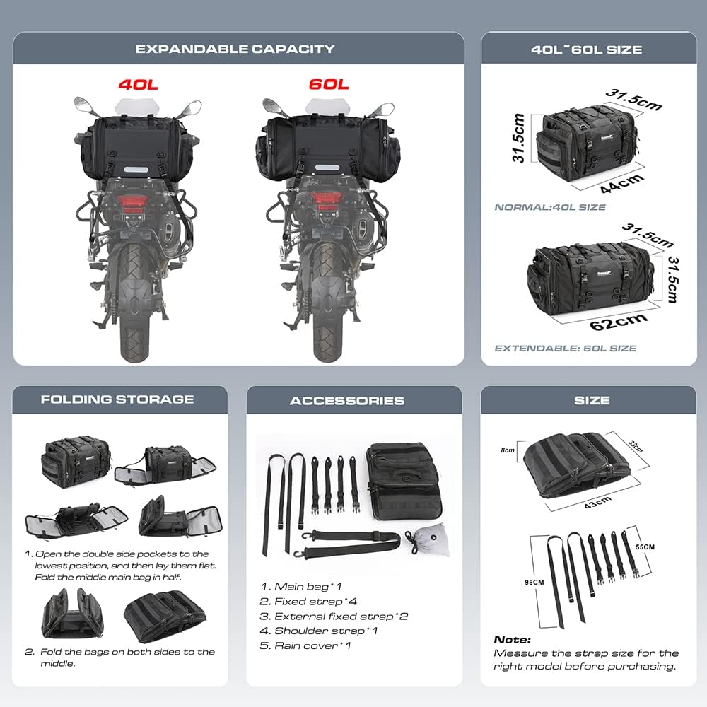 Rhinowalk Motorcycle Tail Bag Expandable Motorcycle Travel Luggage 60L Waterproof All Weather/Trunk/Rack Bag with Sissy Bar Straps-Black