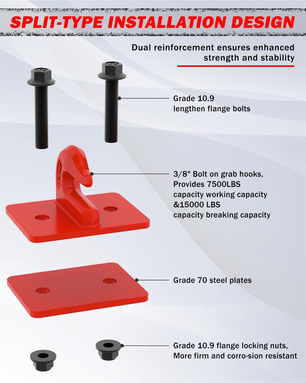4 Pack 3/8" Tractor Bucket Grab Hooks, Grade 70 Forged Steel Bolt On Grab Hook with Backer Plate, Heavy Duty Tow Hook for Tractor Bucket, Loader, Truck, UTV, RV, 15,000 lbs, Red