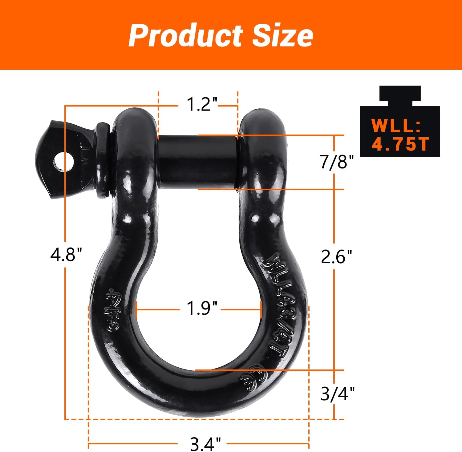 Ohuhu D Ring Shackles 3/4" 2 Pack, D Shackle Rugged 20 Ton (44,000 lbs) Maximum Break Strength, 4.75 Ton (9,500 Lbs) Capacity