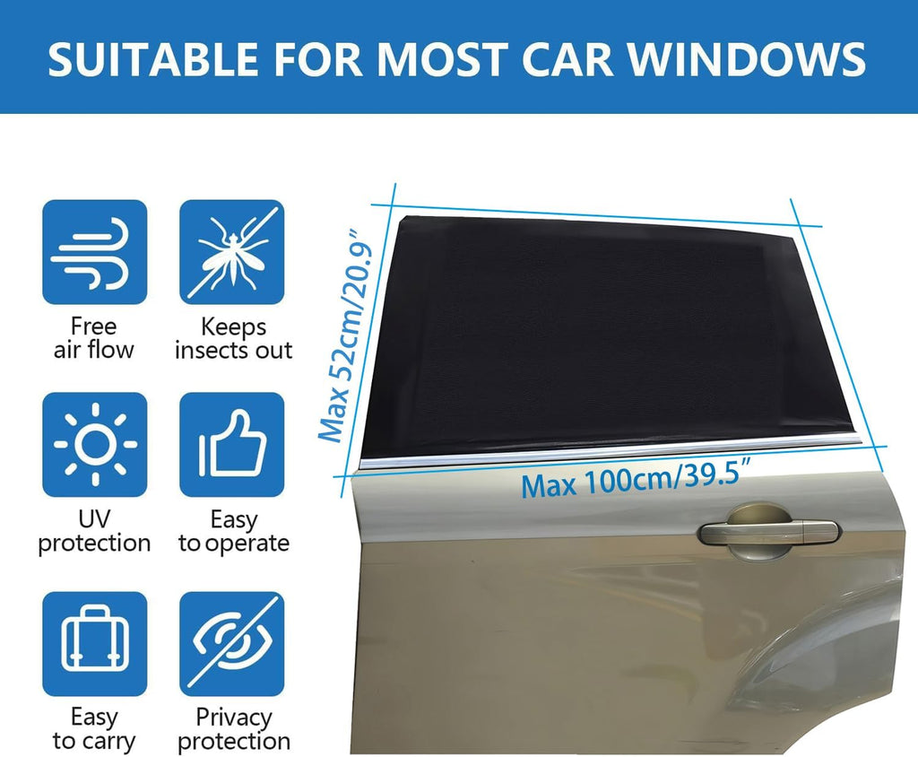 Car Window Sun Shade Cover -2 Pack Breathable Mesh Car Rear Side Window Screens for Camping, Sunshade UV Protection for Baby Kids Pet, Mosquito Net Curtain Fit for Most(95%) of Cars, Size M