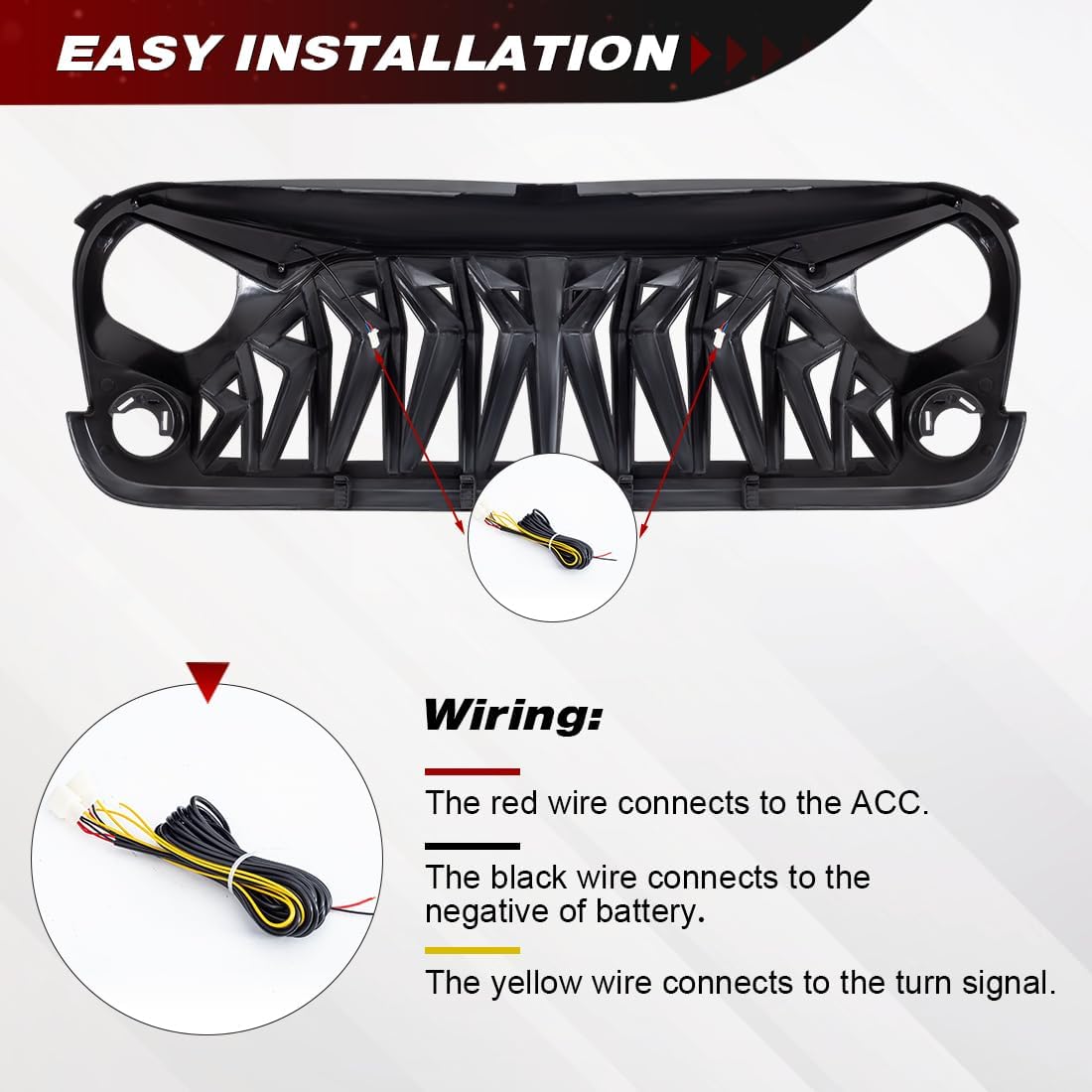 Front Grill Compatible with 2007-2018 Jeep Wrangler JK JKU, Shark Grille w/DRL Turn Signal Lights, Matte Black