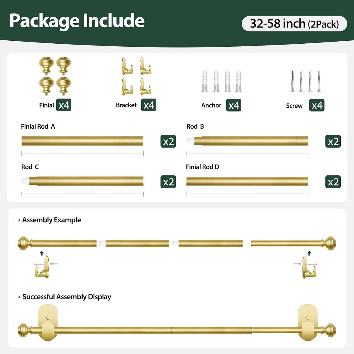 kamanina curtain rods no drilling 2 pack 32-58", front angle view