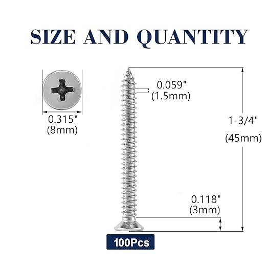 #8 x 1-3/4" Wood Screw 100Pcs 18-8 Stainless Steel Screws Flat Head Phillips - Image 2