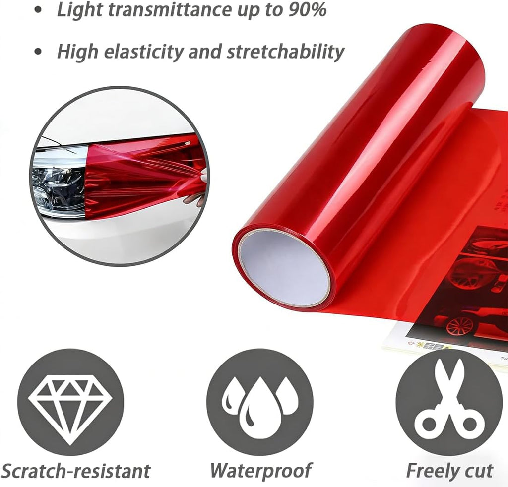 1 Pcs Car HeadLight Tint Film 12 X 48inch,Cuttable&Stretchability Car Headlight Taillight Fog Light Vinyl Wrap Protector,Non-Marking Self-Adhesive Decals Car Decor mit squeegee,red