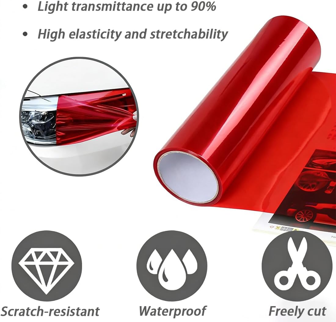 1 Pcs Car HeadLight Tint Film 12 X 48inch,Cuttable&Stretchability Car Headlight Taillight Fog Light Vinyl Wrap Protector,Non-Marking Self-Adhesive Decals Car Decor mit squeegee,red