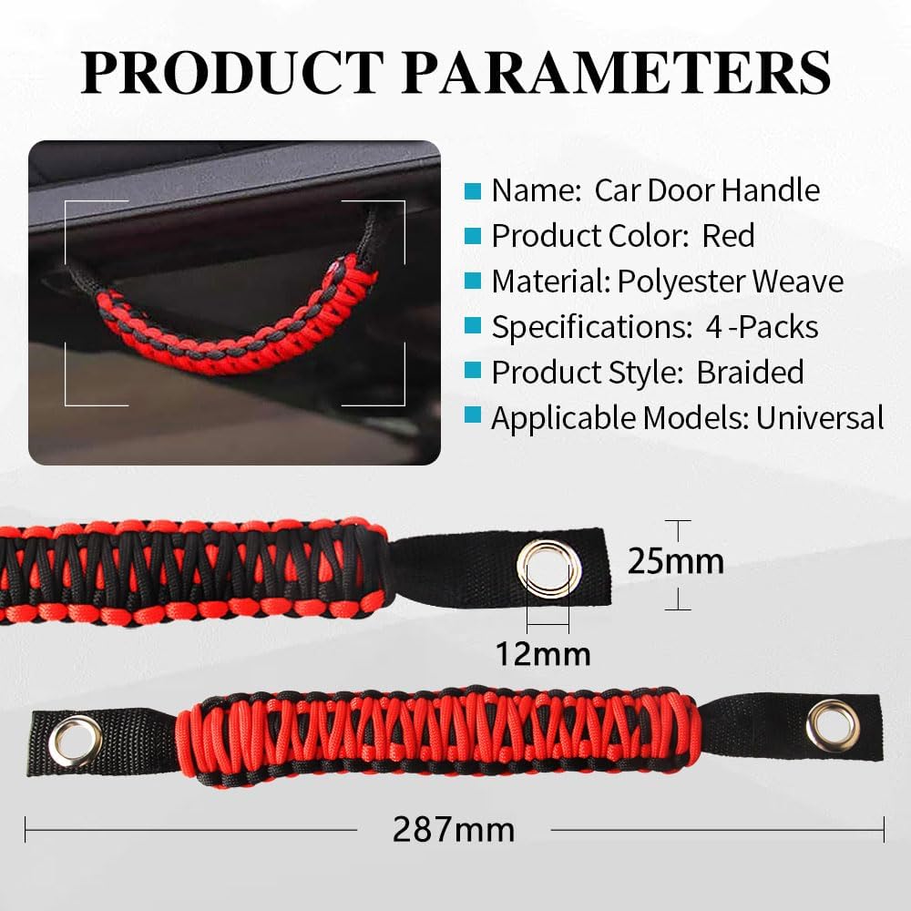 4 x Paracord Grab Handles Compatible with Wrangler JK JKU JL JLU JT Accessories Universal Roll Bar Grab Handles Replacement for Wrangler Grip Handle (Red)