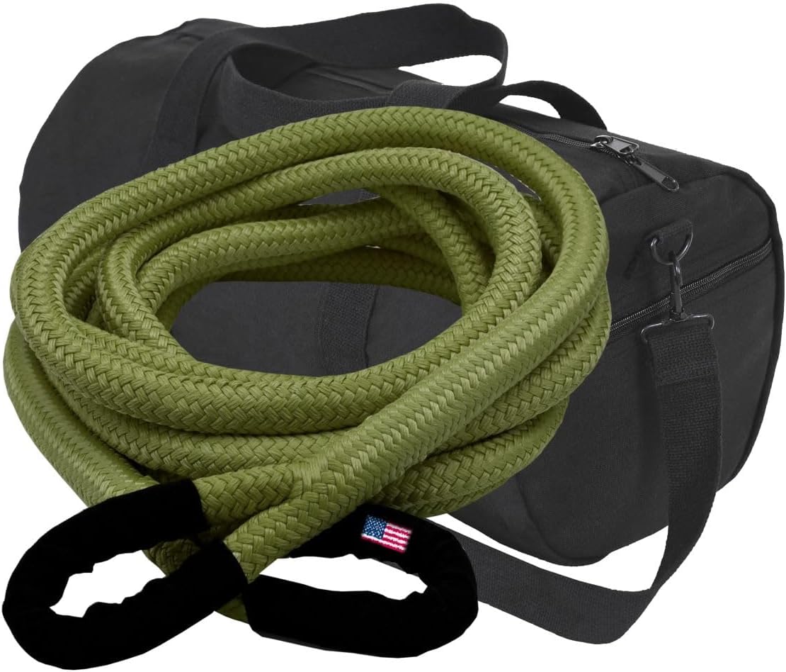 BILLET4X4 U.S. Made 5/8 inch X 20 ft Military OD Green Safe-T-Line® Kinetic Snatch Rope with Heavy-Duty Carry Bag - UTV/ATV Vehicle Recovery