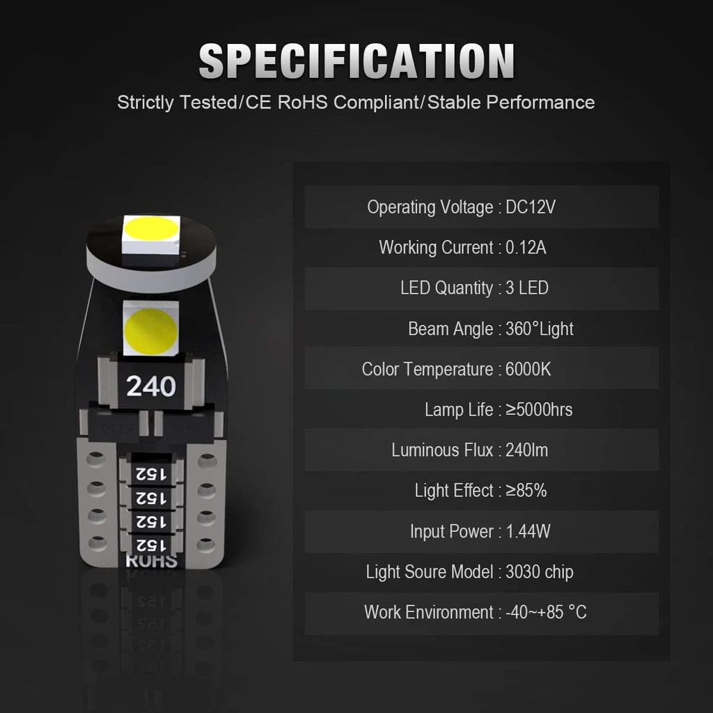 KAFEEK 20x T10 Wedge 194 168 2825 W5W LED Bulbs, Super Bright 3-3030 Chipset, CAN-Bus Error Free, Interior Lights, License Plate Dome Map Door Courtesy Park Lights,Xenon White