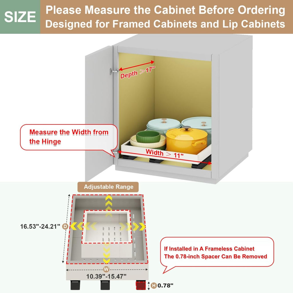 fokyfok pull out cabinet organizer,11"-16"w,17"-24"d,expandable,adhesive shown in use