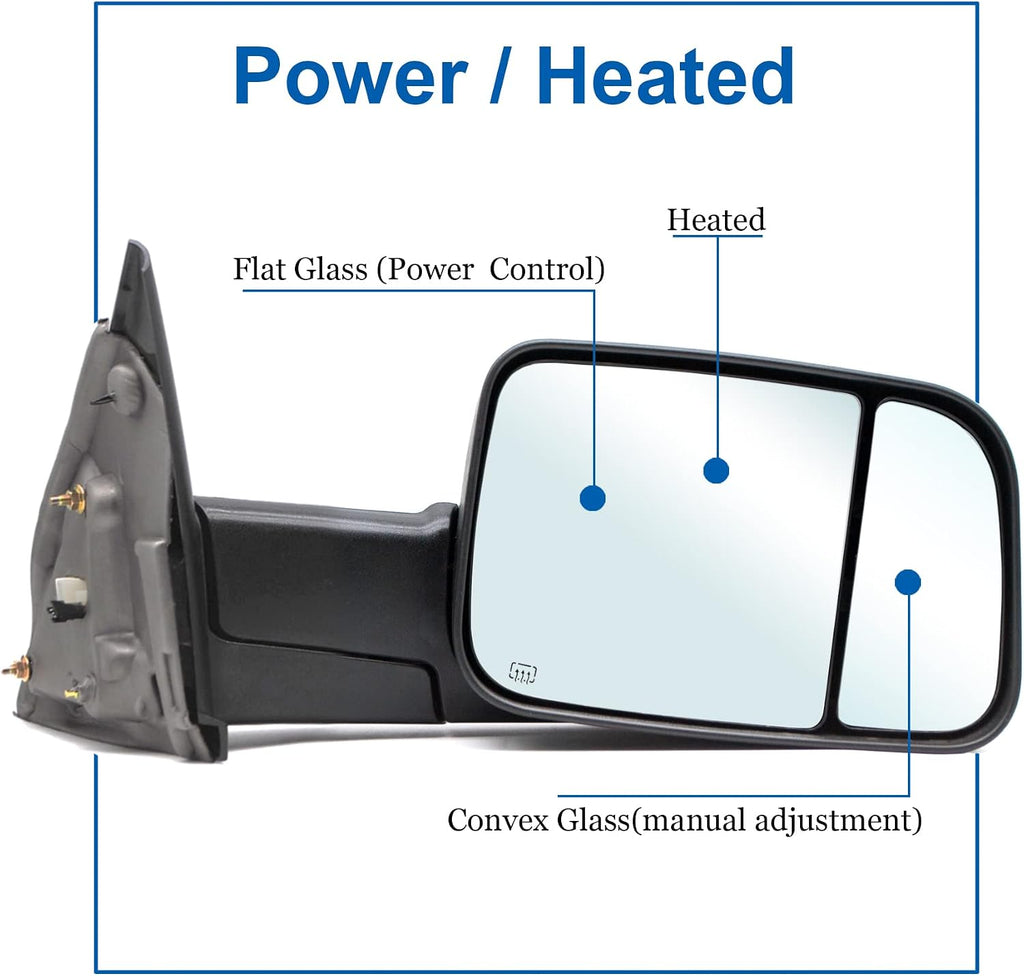 Towing Mirrors fit for 02-08 Dodge Ram 1500, 03-09 Dodge Ram 2500 3500 | Power Heated Turn Signal Puddle Light Manual Folding