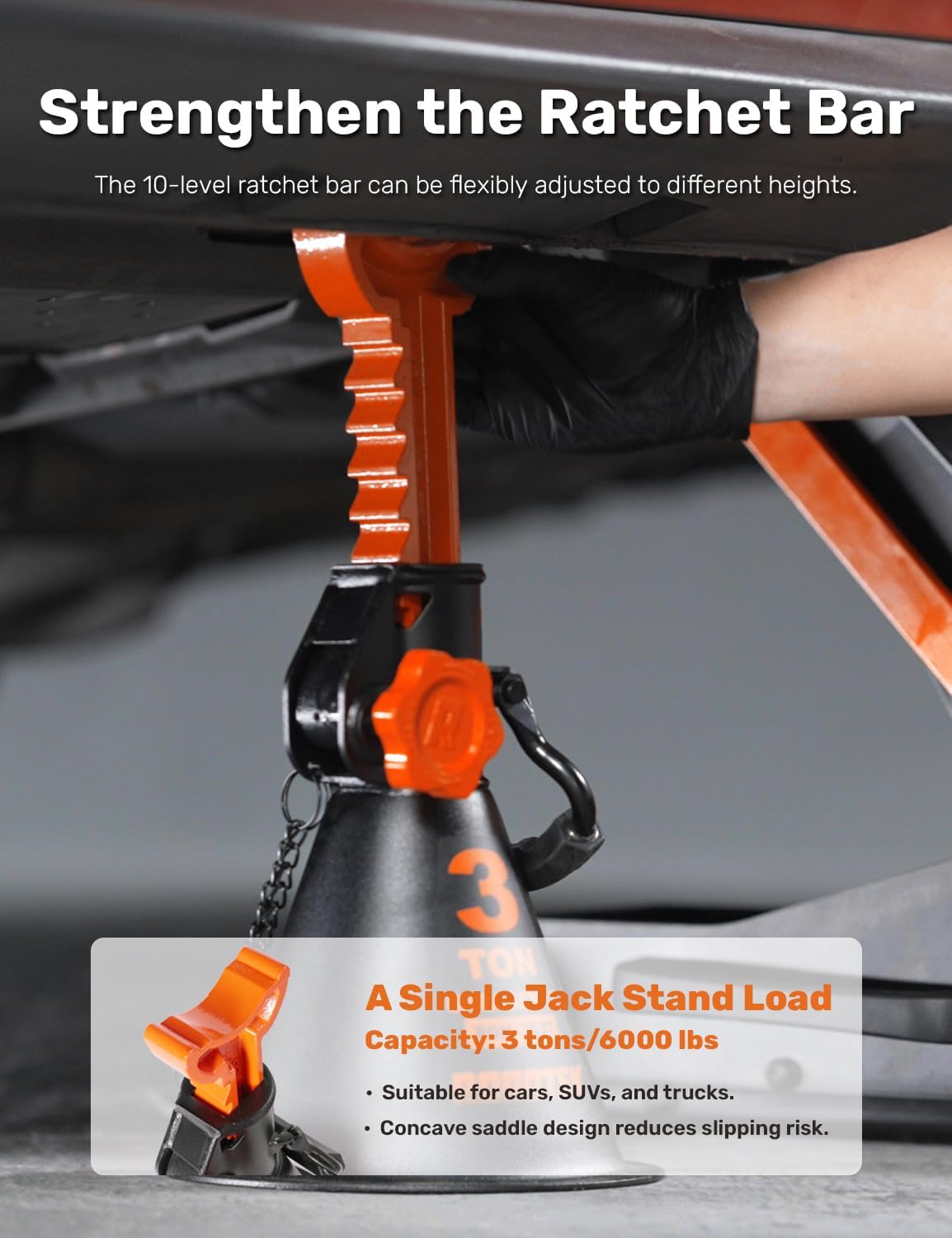 Jack Stands, 3 Ton (6,000 lbs) Heavy Duty Car Jack Stands with Integrated Steel Base and Double Locking, 11-1/4 to 16-9/16 inch Adjustable Height, for SUV, Truck, and Car, 1 Pair