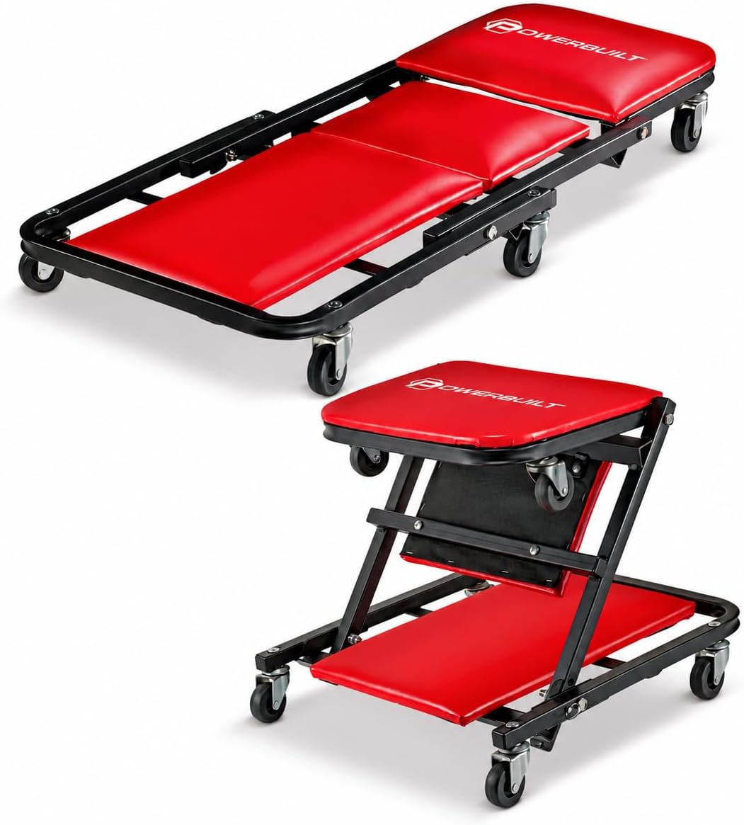 Powerbuilt 36 in. ZAG 2-in-1 Floor Creeper and Rolling Seat – Convertible Design with Padded Headrest, Durable Steel Frame, and Six 2 in. Casters for Easy Maneuvering – 620513