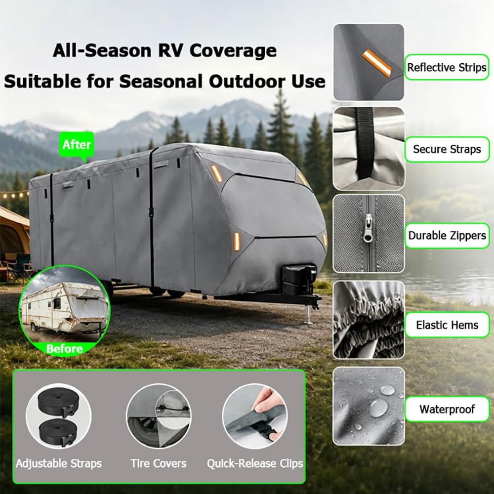 RV Cover for Forest River Cherokee Grey Wolf 18rr 2023-2026, All Weather Travel Trailer Cover with Windproof Straps and Zipper Access Heavy Duty Water Resistant Camper Cover
