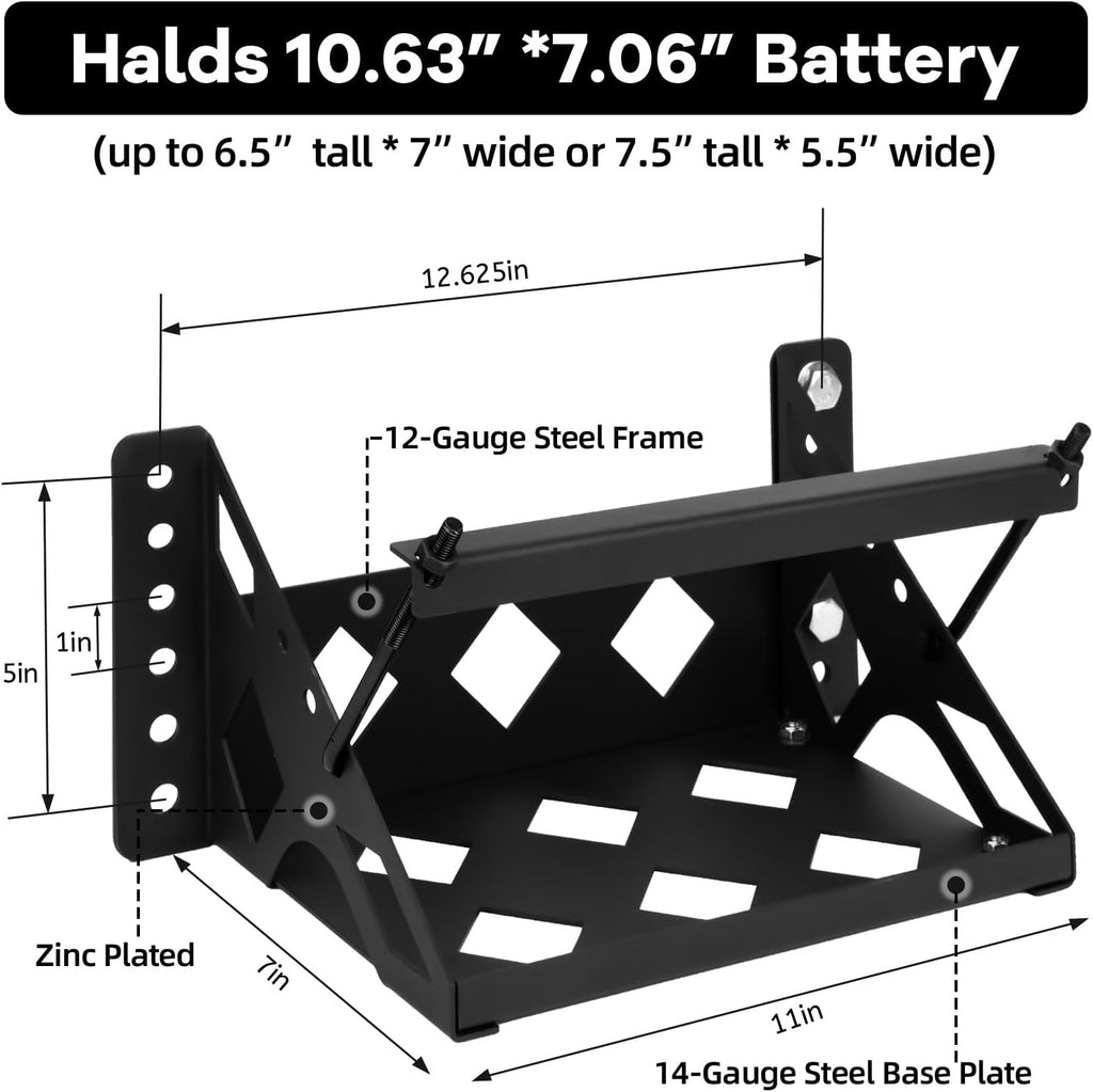 Metal Steel Battery Mounting Trays Bracket, Bolt-in Battery Tray | Tray Fits Up to 10.63"×7.06"×7.5" Battery, for Car RV Trailer Boat Truck Marine, Waterproof,Anti-Corrosion, No Rusting