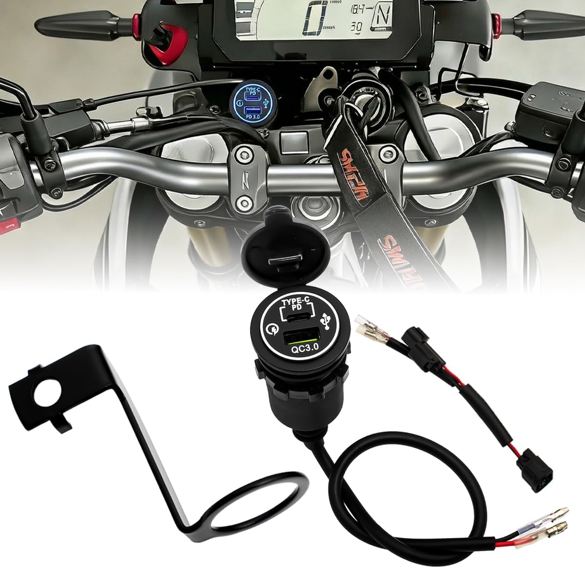 Motorcycle Dual Port USB QC3.0 and Type-C PD Charger Power Adapter Kit Compatible with Honda CRF300L / CRF300LS / Rally (2021-Current) Accessory Kit w/Harness, Direct Fit Plug