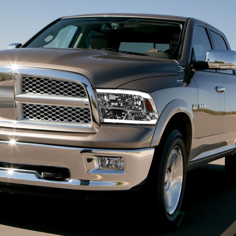 Switchback Sequential LED Strip Tube Bar Chrome Housing Crystal Headlights Signal Lamps Amber Reflector nb Compatible With 09-18 Dodge Ram 1500/19-24 Classic / 10-18 2500 3500