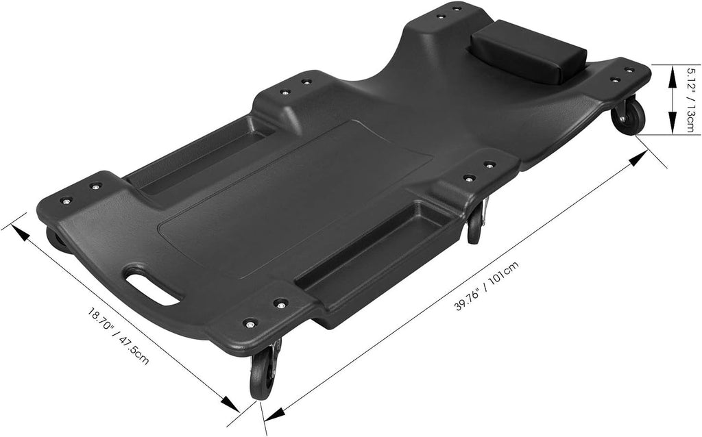 Torin ATRP6240B Blow Molded Plastic Rolling Garage/Shop Creeper: 40" Mechanic Cart with Padded Headrest, Dual Tool Trays and 6 Casters, Black