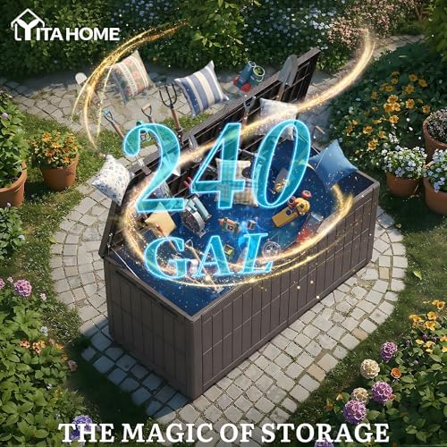 yitahome xxl 240 gallon extra large deck box shown in use