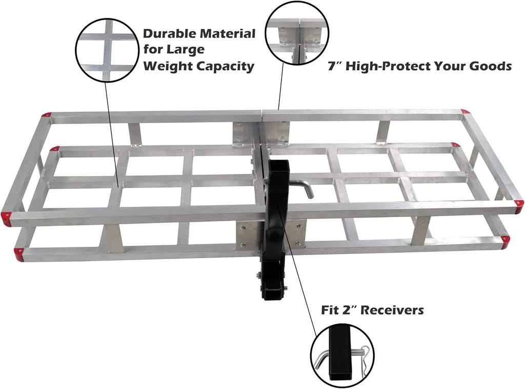 60 x 20 x7 Aluminum Cargo Carrier Hitch Mount - 500lb Heavy Duty Folding Luggage Rack - Powder Coated 2" Angled Shank for Ground Clearance - Rustproof Vehicle Cargo Basket for SUV & Truck Storage